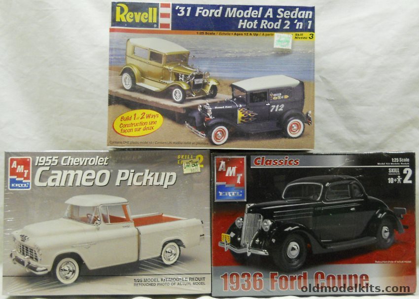 AMT 1/25 1955 Chevrolet Cameo Pickup Truck / 1936 Ford Coupe / Revell 1931 Ford Model A Sedan 2 in 1 plastic model kit